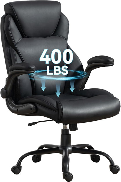 400LBS Big and Tall Office Chair, Leather Executive Desk Chair with Padded Flip-Up Arms, Heavy Duty Swivel Rolling Computer Chair for Home Office, Black
