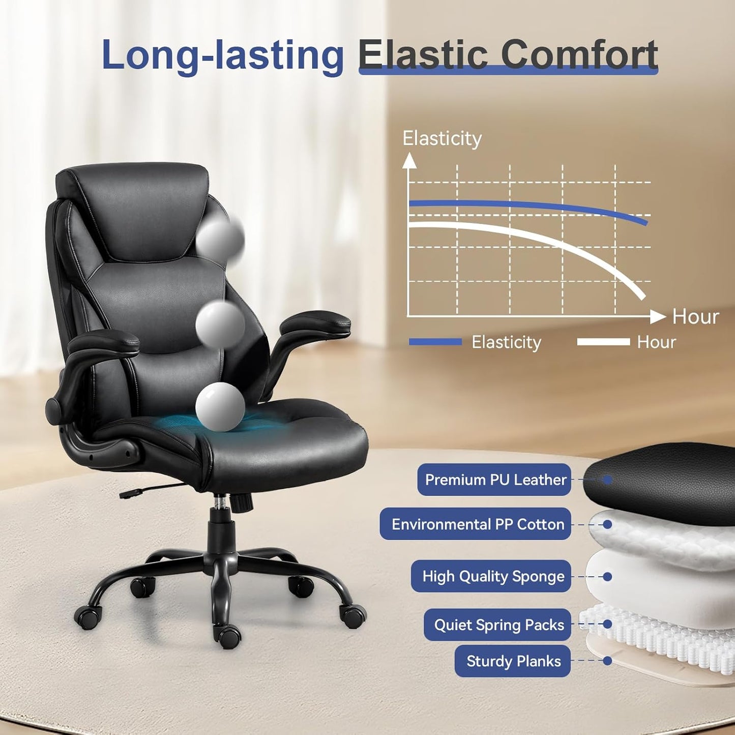 400LBS Big and Tall Office Chair, Leather Executive Desk Chair with Padded Flip-Up Arms, Heavy Duty Swivel Rolling Computer Chair for Home Office, Black