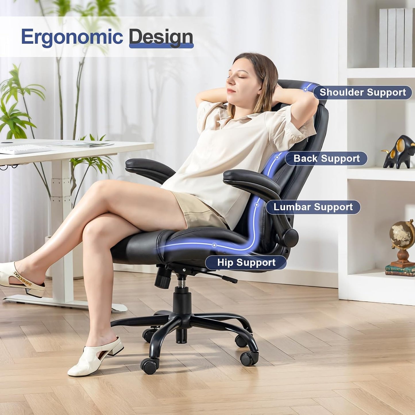 400LBS Big and Tall Office Chair, Leather Executive Desk Chair with Padded Flip-Up Arms, Heavy Duty Swivel Rolling Computer Chair for Home Office, Black