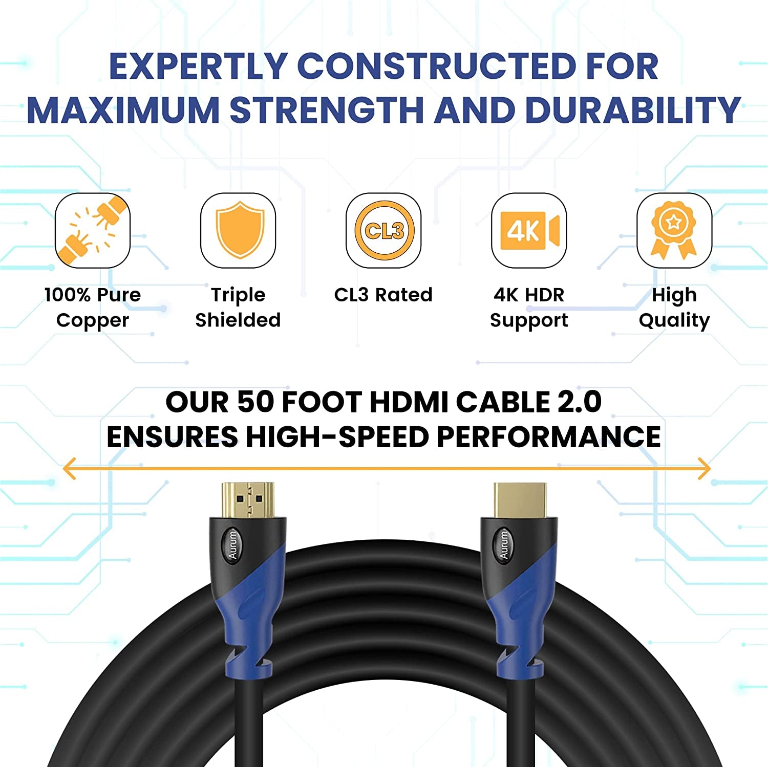 4K HDMI Cable 50Ft Long, 4K@60Hz High Speed HDMI Cord with Ethernet, Supports UHD Resolution, ARC, 3D, CL3 Certified - Compatible with HDTV, PC, Laptop, PS3, Xbox, Blu-Ray